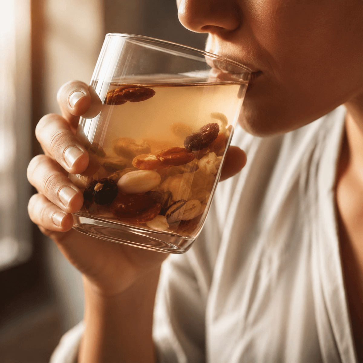 A person drinks from a glass filled with water and floating dried fruits and nuts, wearing a light-colored shirt.