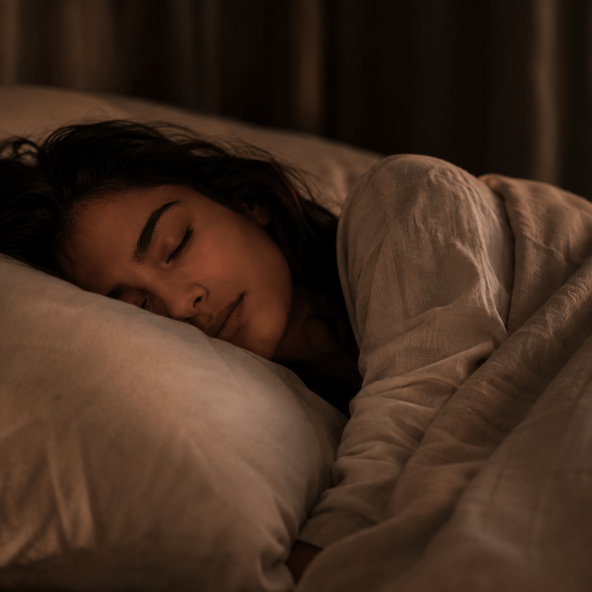 A person with long dark hair sleeps peacefully on a pillow, wrapped in a beige blanket, in a dimly lit room.