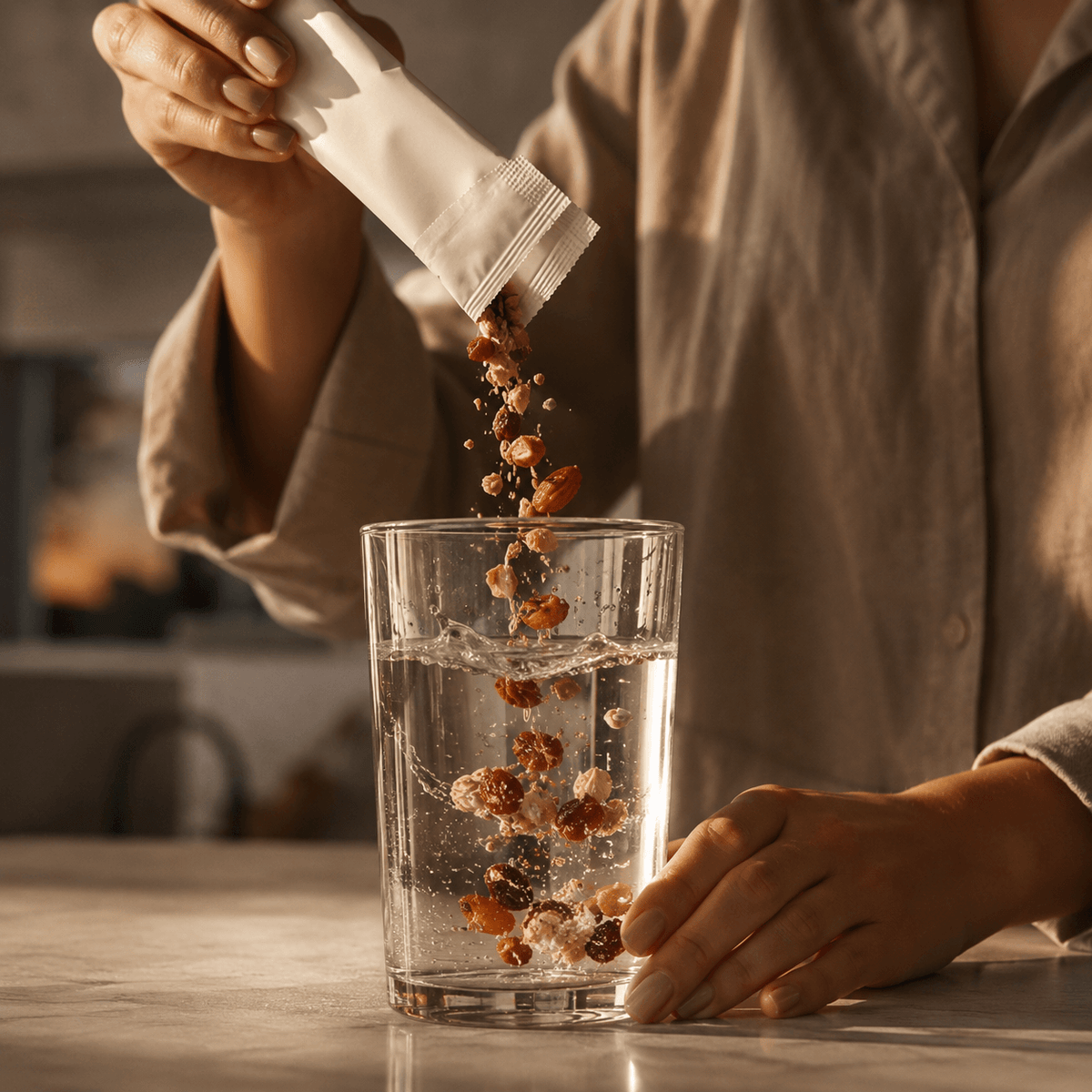 A person pours a packet of mixed nuts and dried fruit into a clear glass of water on a table, with sunlight illuminating the scene.