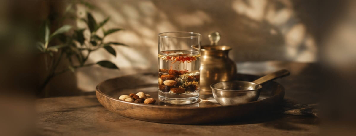 A wooden tray holds a glass of water with mixed nuts soaked inside, a few nuts on the side, a metallic jug, and a measuring cup, with soft natural light and a leafy plant blurred in the background.